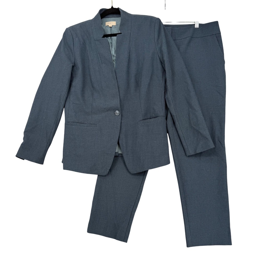 Loft Outlet Womens Blue Micro Check 2 Piece Pant Suit Blazer Trousers Size 12